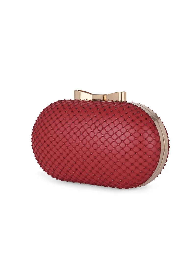 جلو باص Globus Women Red Bow Shape Lock Embellished Oval Party Clutch With Detachable Chain Strap